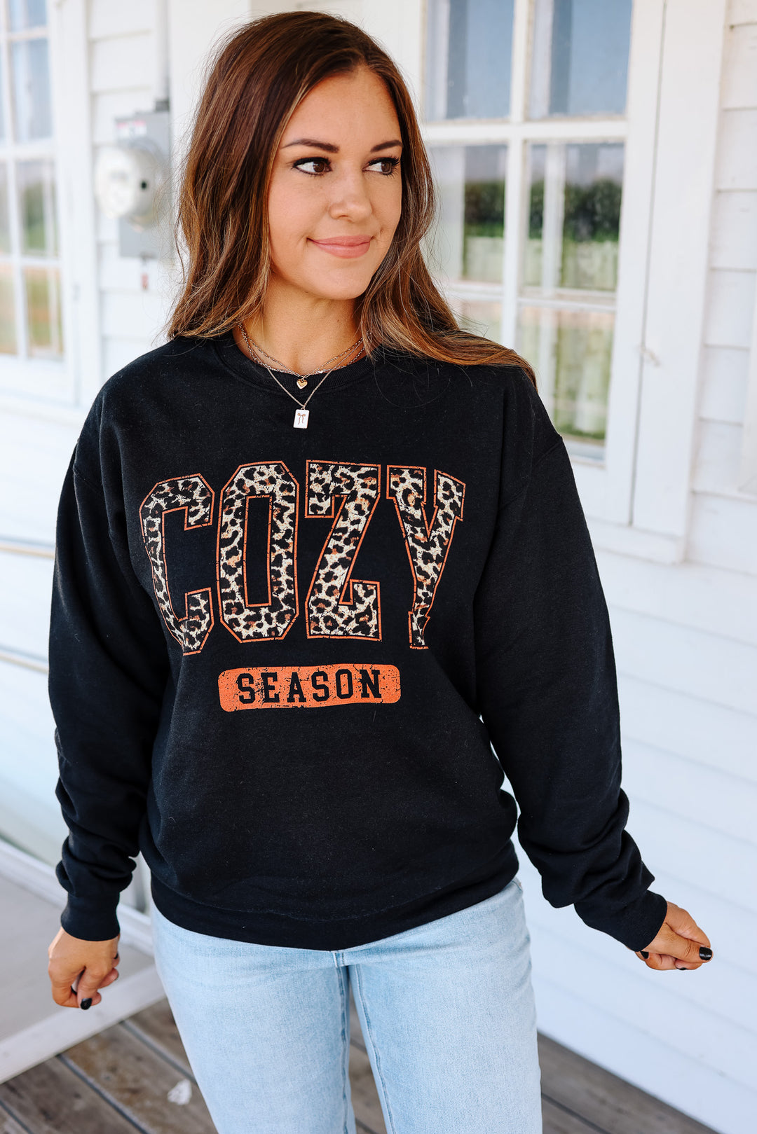 Leopard Cozy Season Graphic Sweatshirt - Black