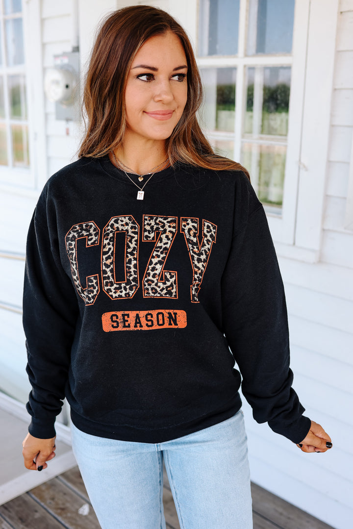 Leopard Cozy Season Graphic Sweatshirt - Black