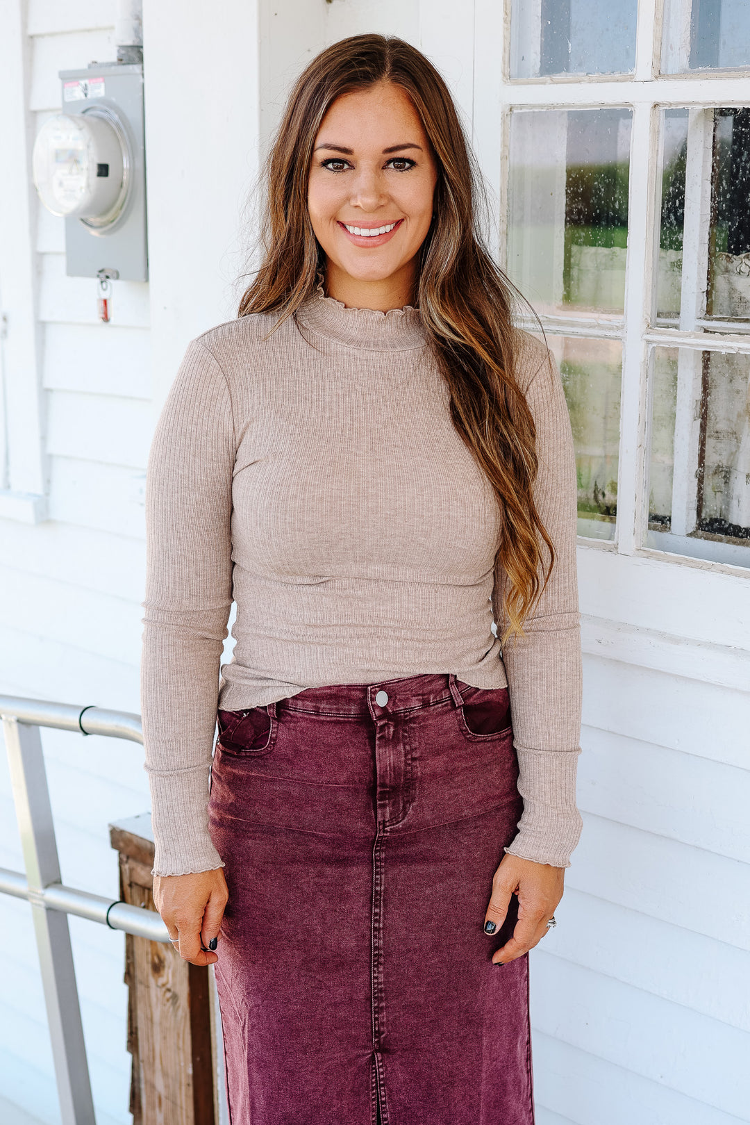 Josie Mock Neck Ribbed Top - Mocha