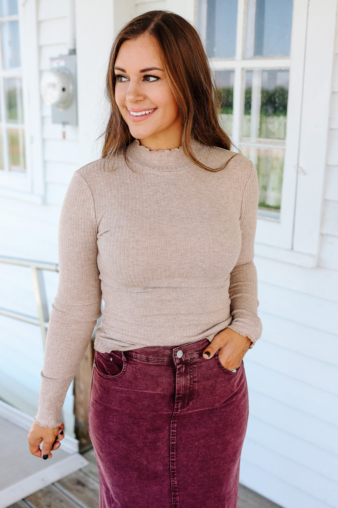 Josie Mock Neck Ribbed Top - Mocha