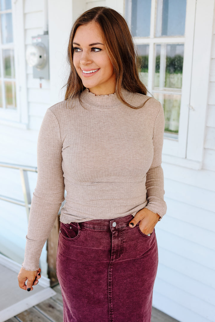 Josie Mock Neck Ribbed Top - Mocha