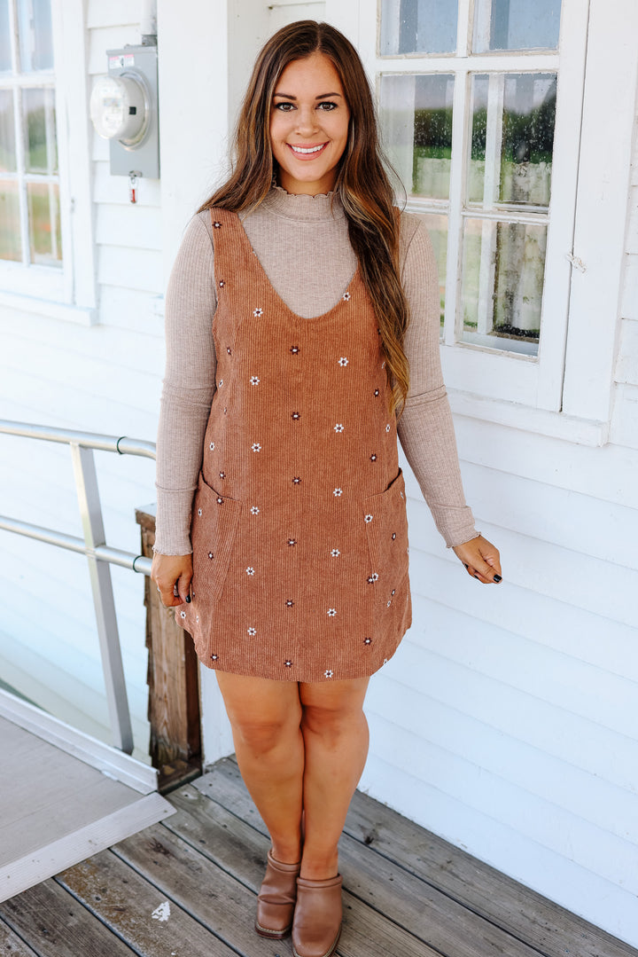 Mya Embroidered Corduroy Overall Dress - Caramel