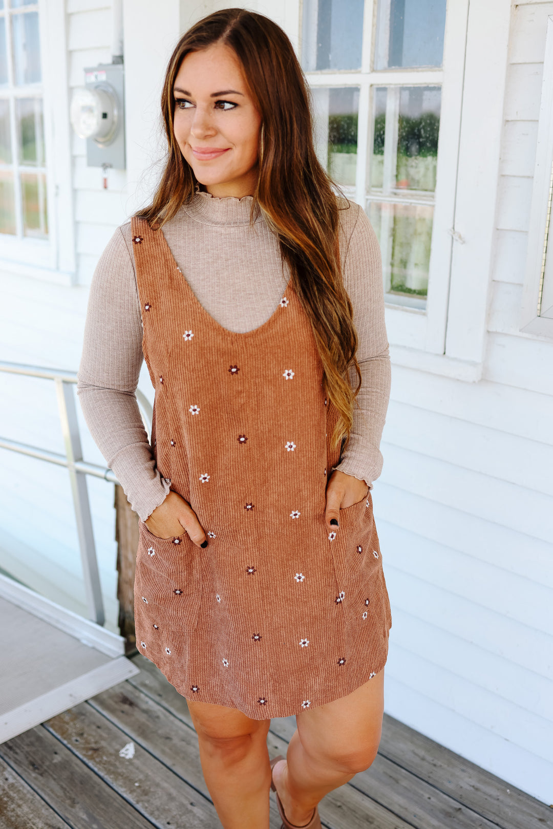 Mya Embroidered Corduroy Overall Dress - Caramel