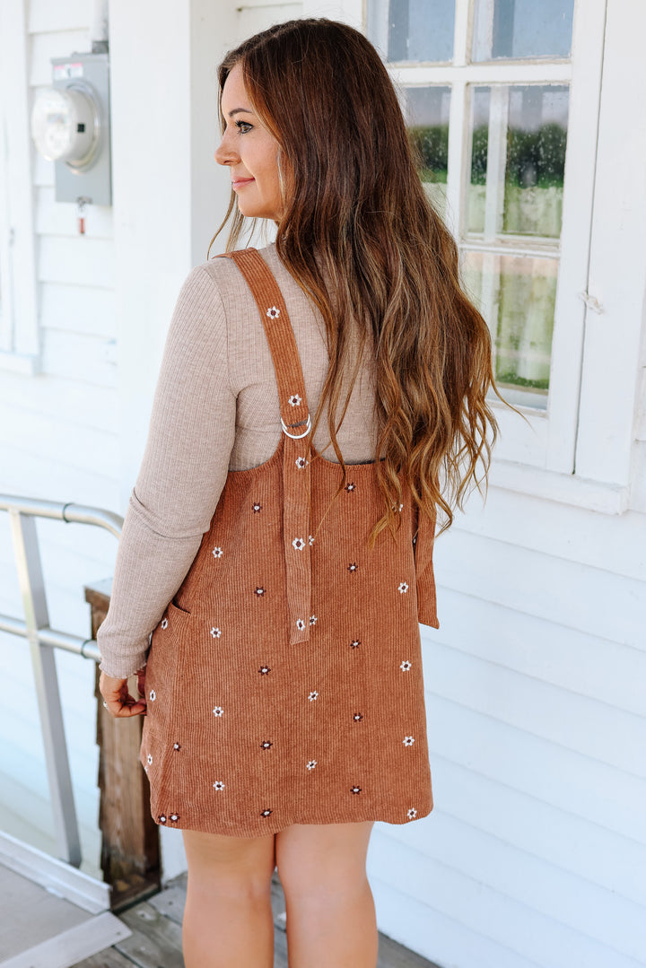 Mya Embroidered Corduroy Overall Dress - Caramel