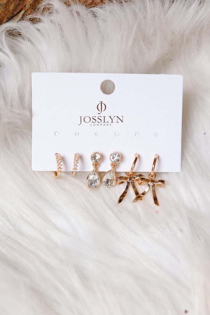 Pearl Crystal Teardrop Bow Trio Earring Set