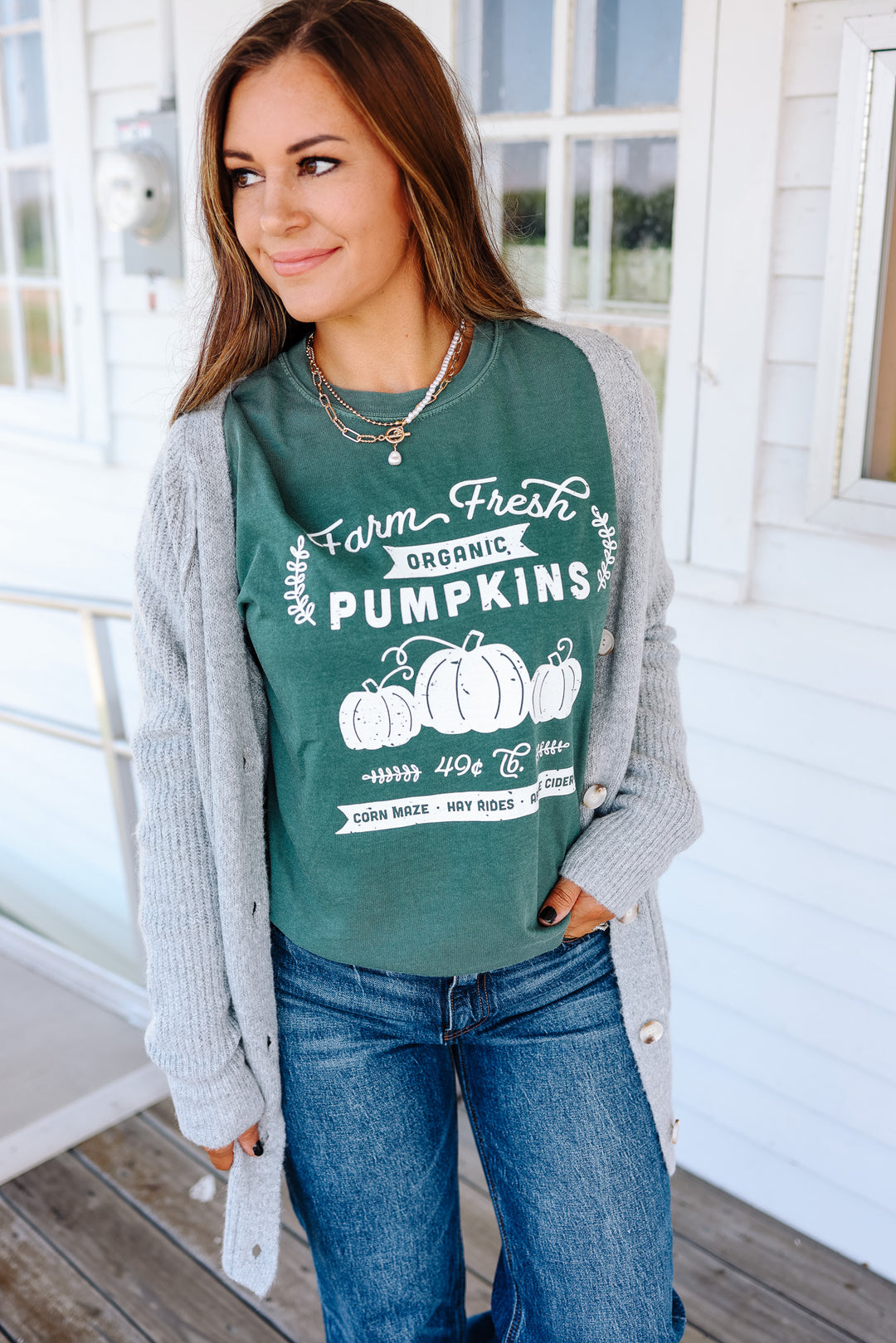 Farm Fresh Pumpkins Face Graphic Tee - Blue Spruce