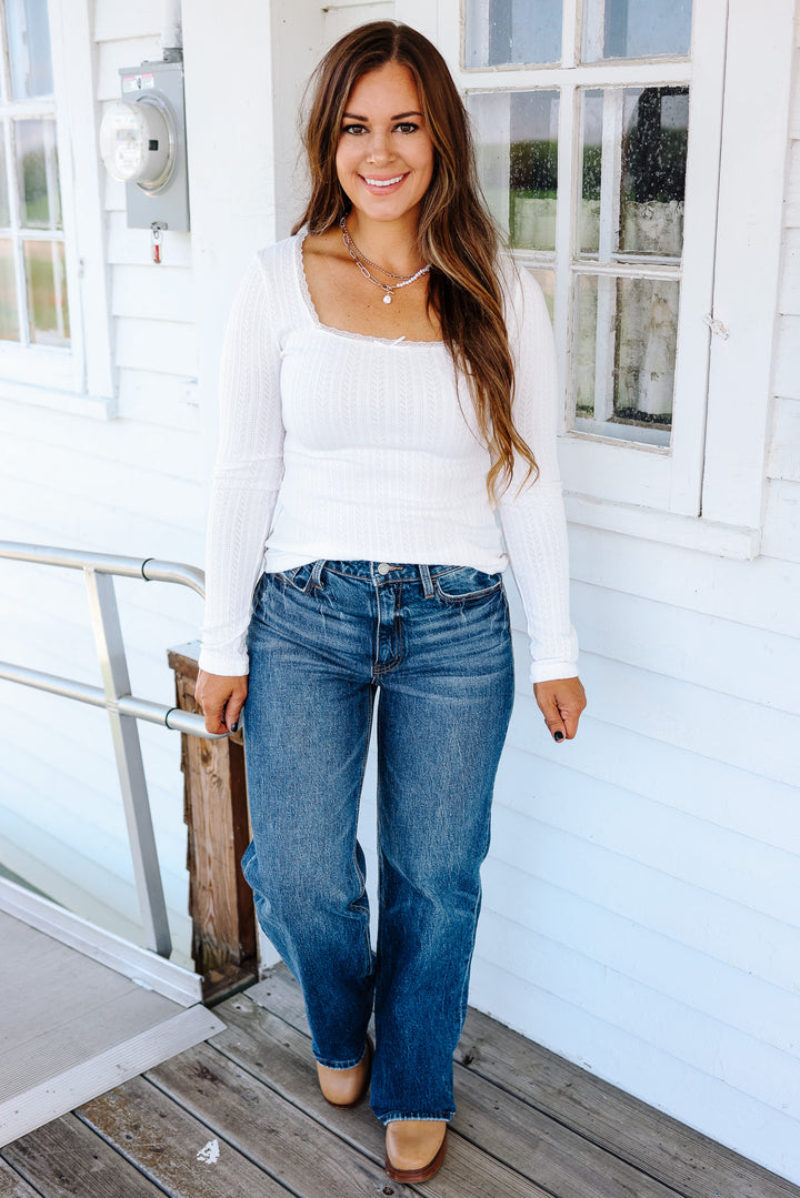 Holly Lace Edge Pointelle Top - Off White