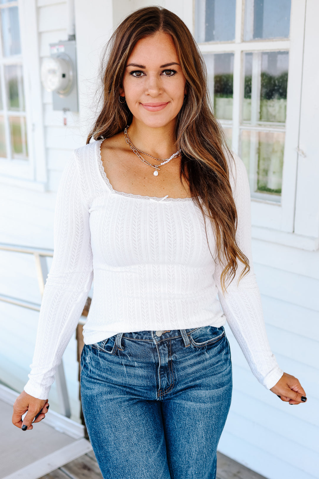 Holly Lace Edge Pointelle Top - Off White