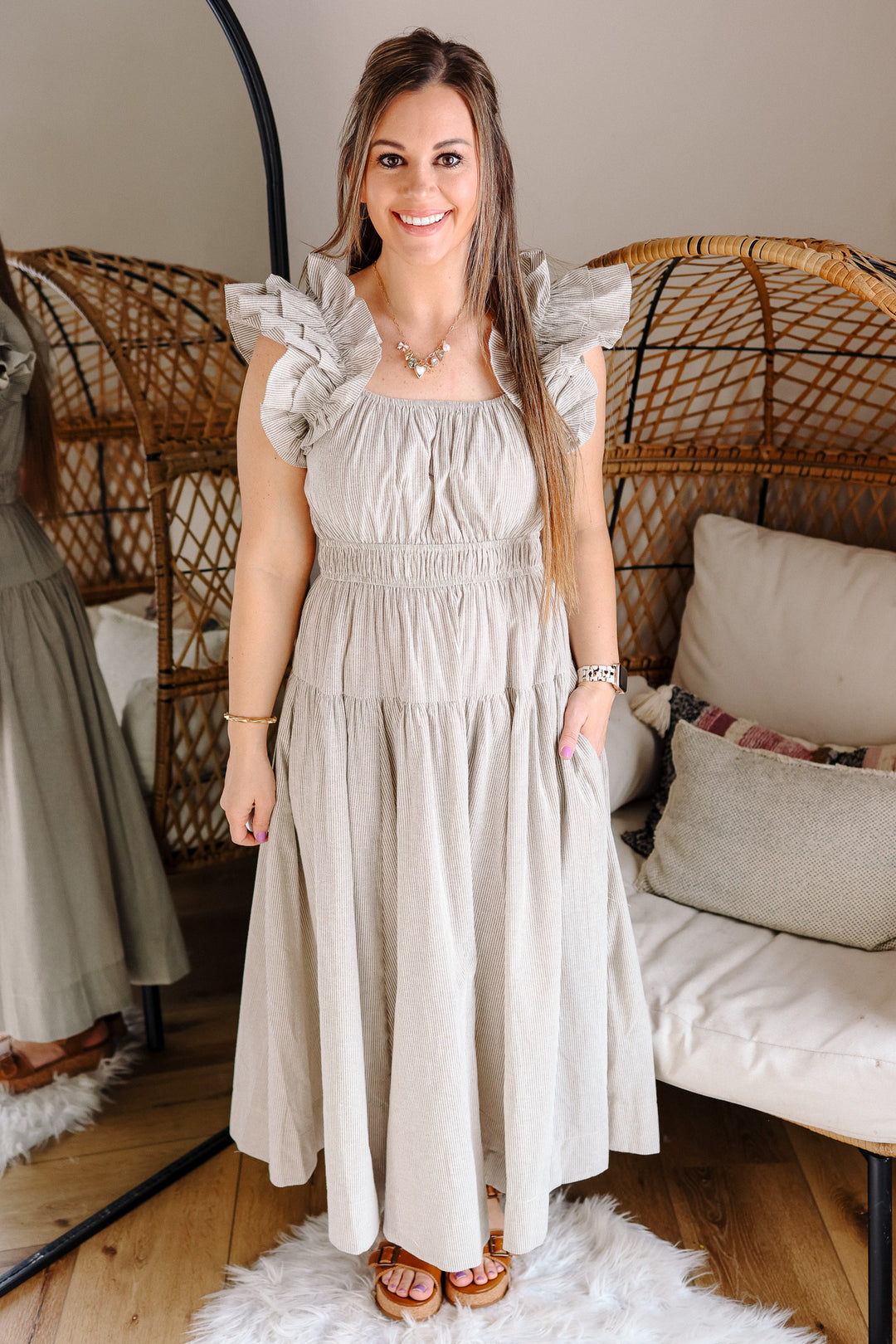 Tori Smock Waist Midi Dress - Taupe