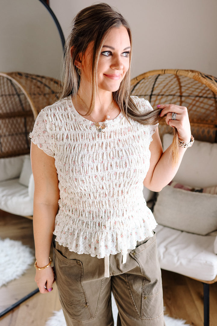 Avery Floral Ruched Top - Ecru