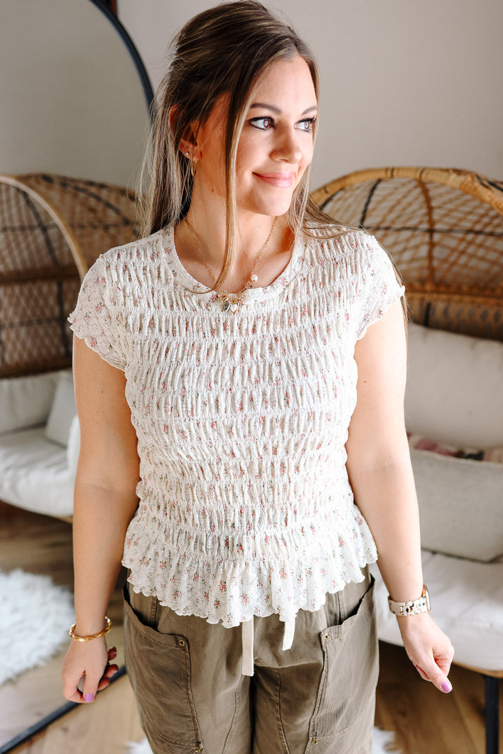 Avery Floral Ruched Top - Ecru