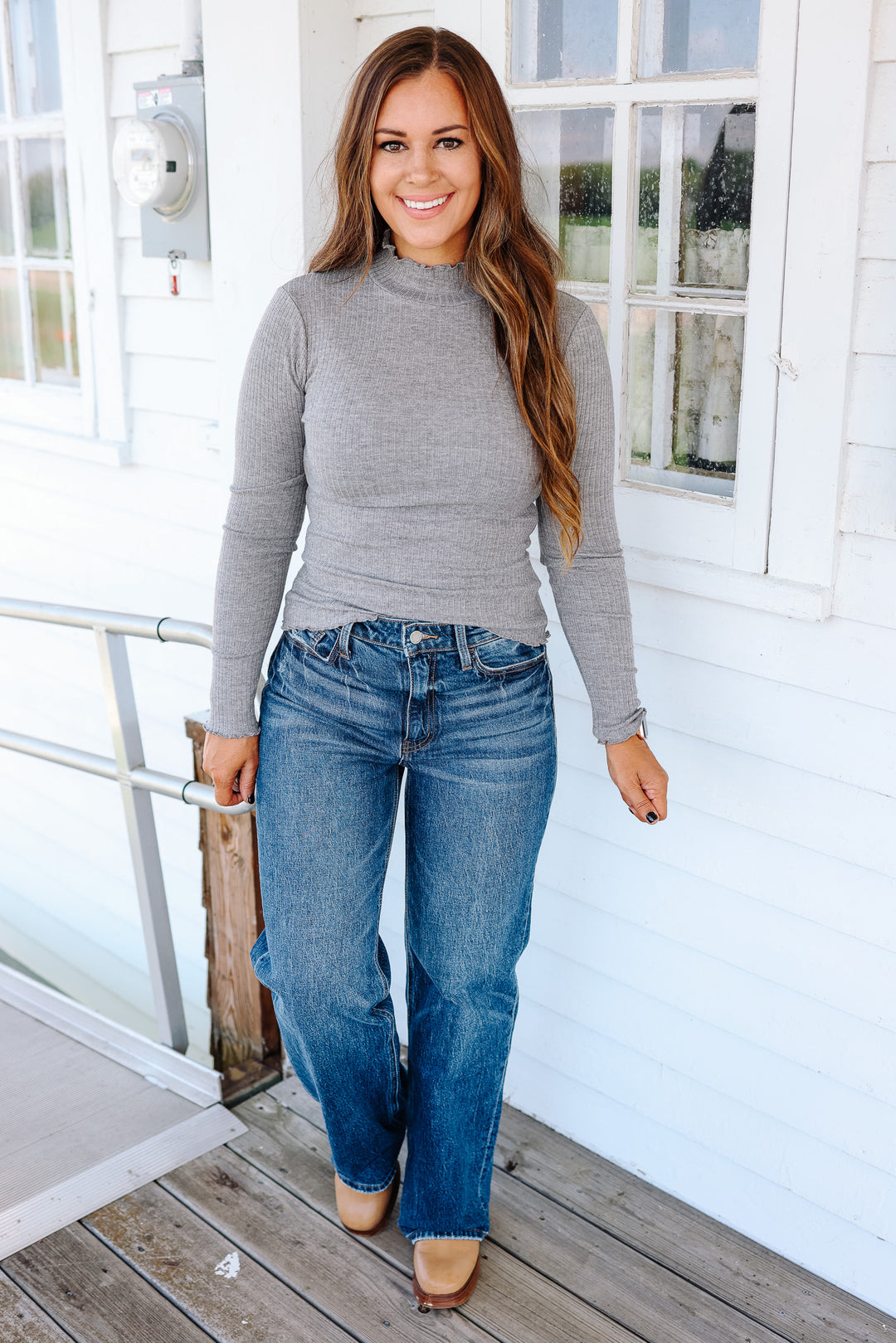 Josie Mock Neck Ribbed Top - Grey