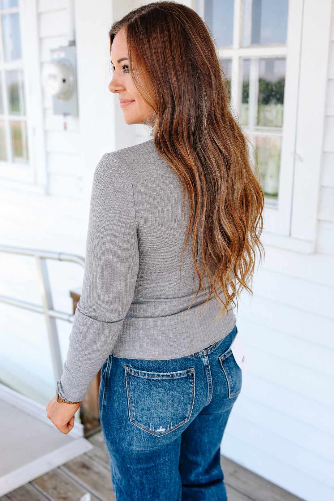 Josie Mock Neck Ribbed Top - Grey