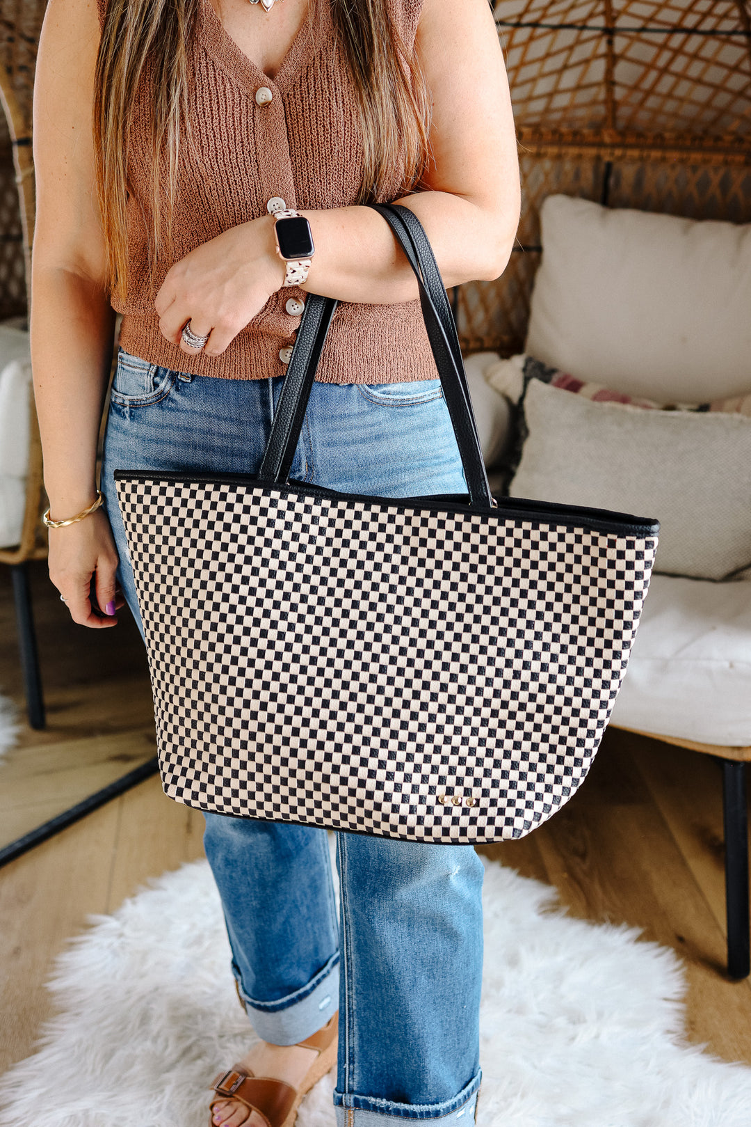 Woven Tiffany Organizer Tote Bag - Checkered Black