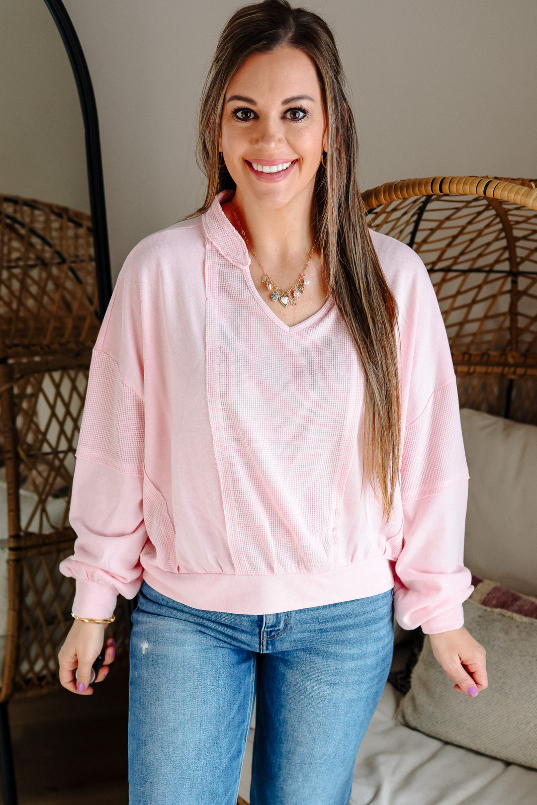 Josie Waffle Mix Terry Top - Pink