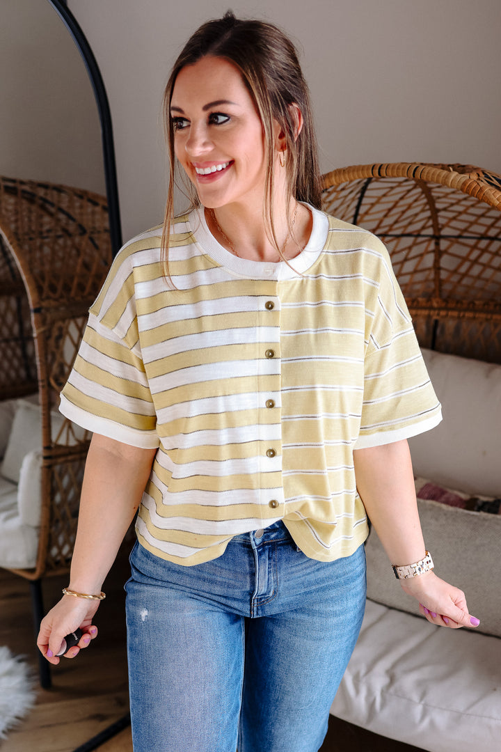 Lottie Button Down Crewneck Tee - Matcha Latte