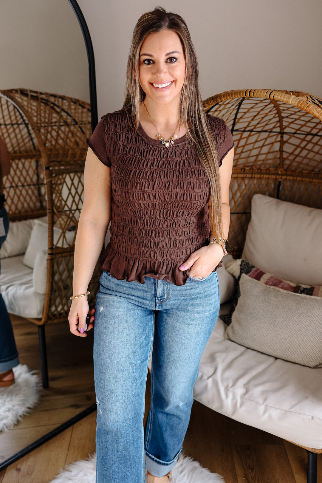 Wren Ruffled Hem Ruched Top - Brown
