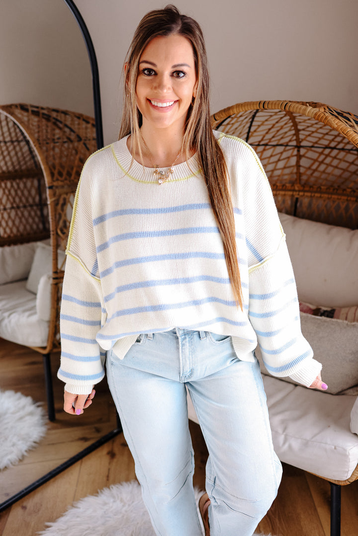 Freya Crewneck Striped Sweater - Off White/Blue