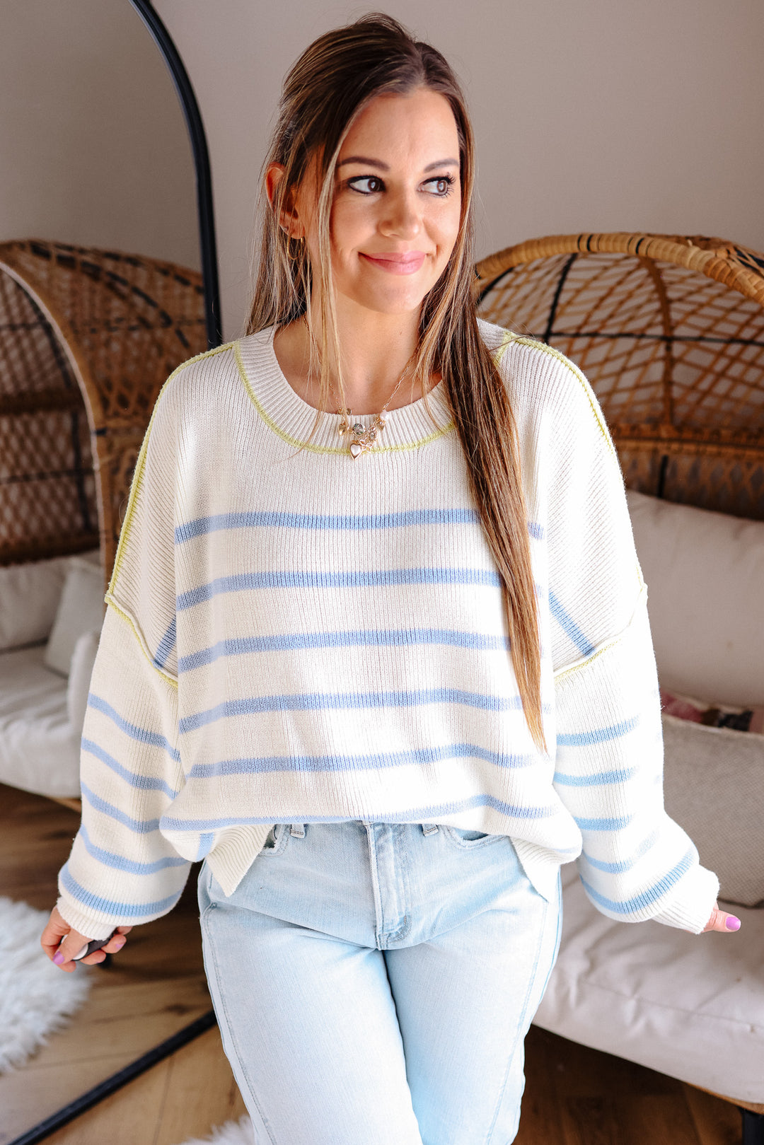 Freya Crewneck Striped Sweater - Off White/Blue