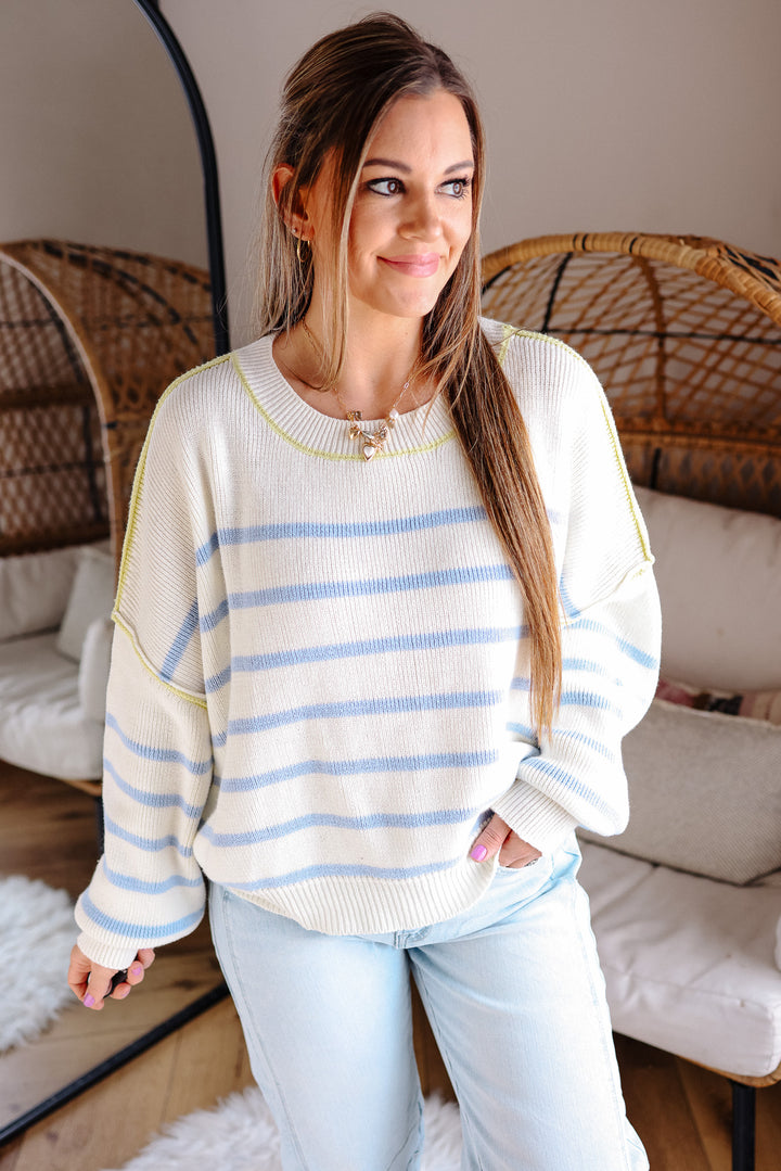 Freya Crewneck Striped Sweater - Off White/Blue