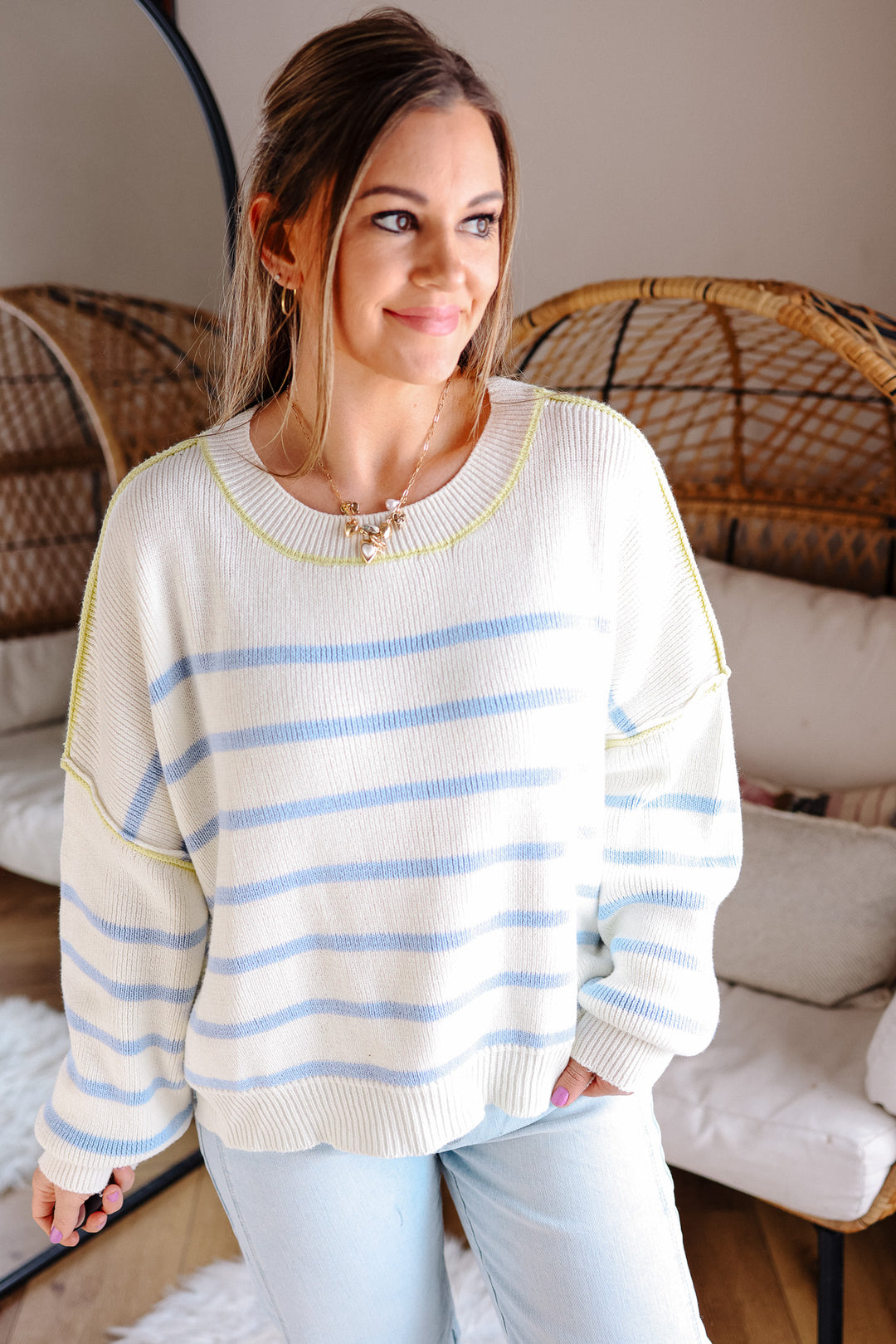 Freya Crewneck Striped Sweater - Off White/Blue