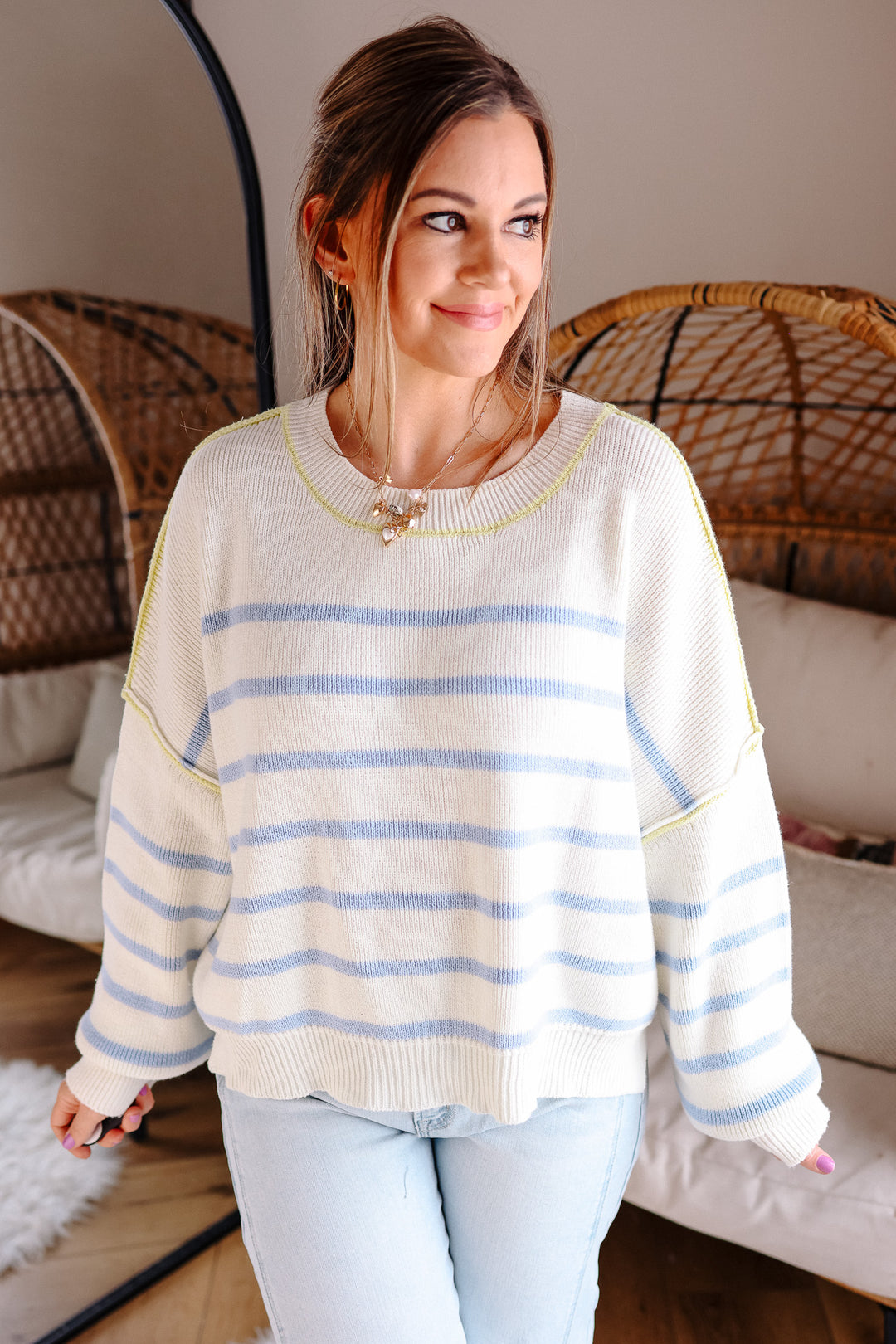 Freya Crewneck Striped Sweater - Off White/Blue