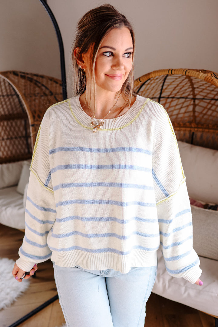 Freya Crewneck Striped Sweater - Off White/Blue