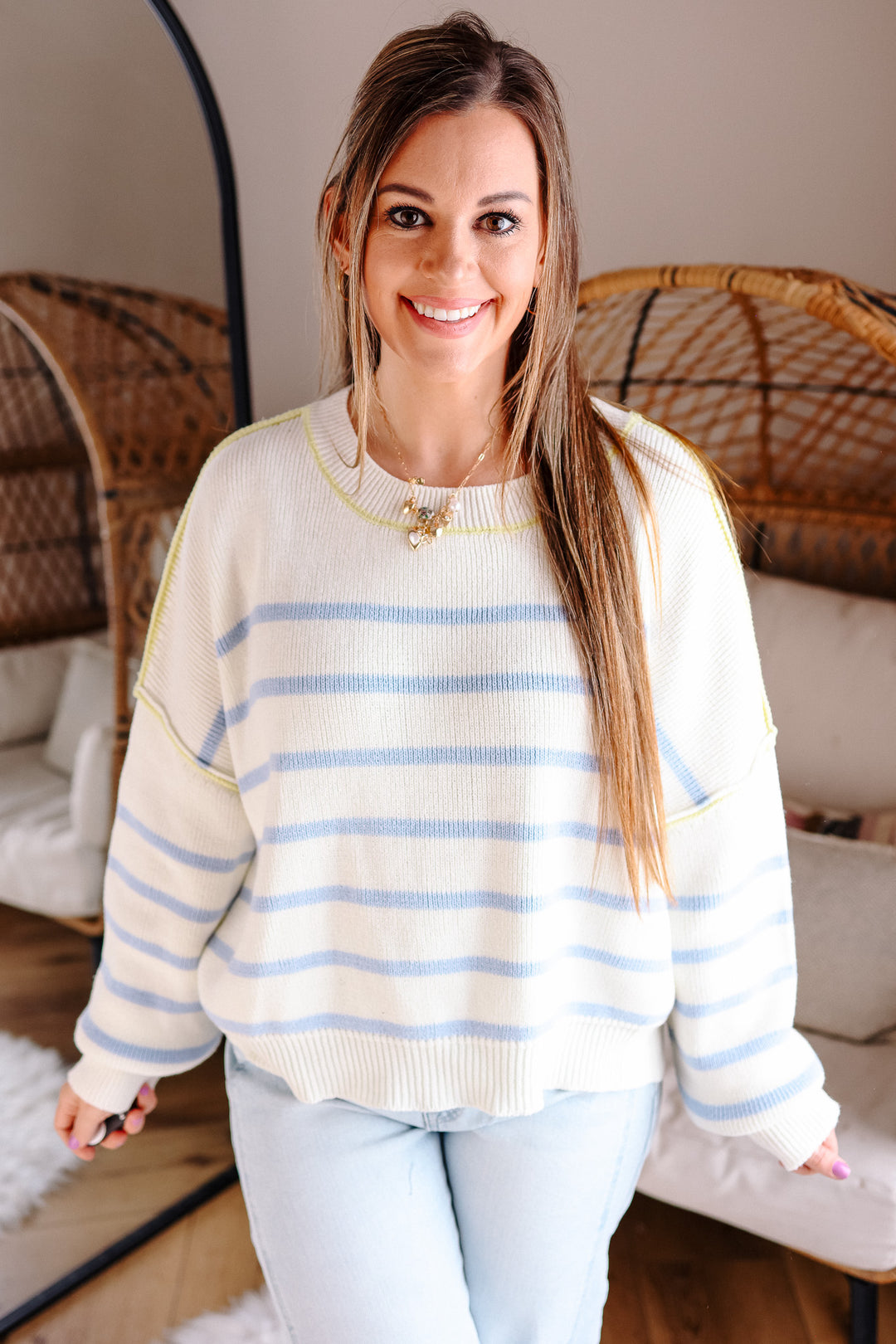 Freya Crewneck Striped Sweater - Off White/Blue