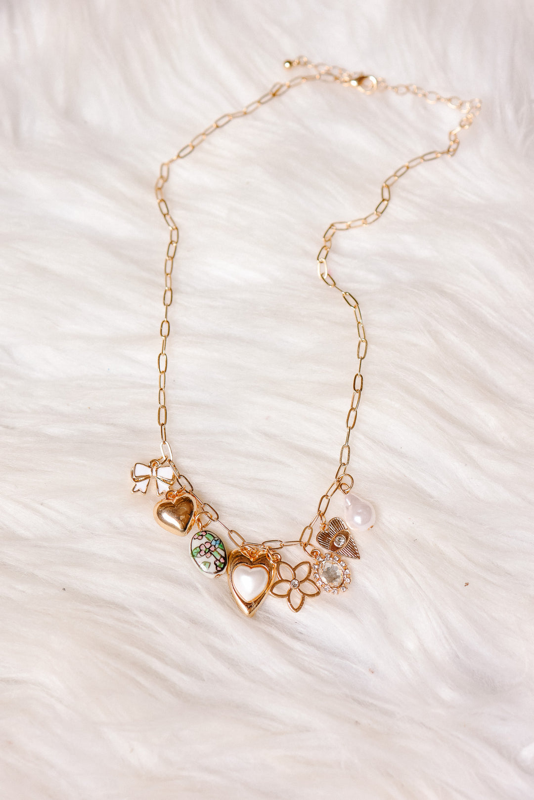 Charming Heart Bow & Pearl Dangle Necklace