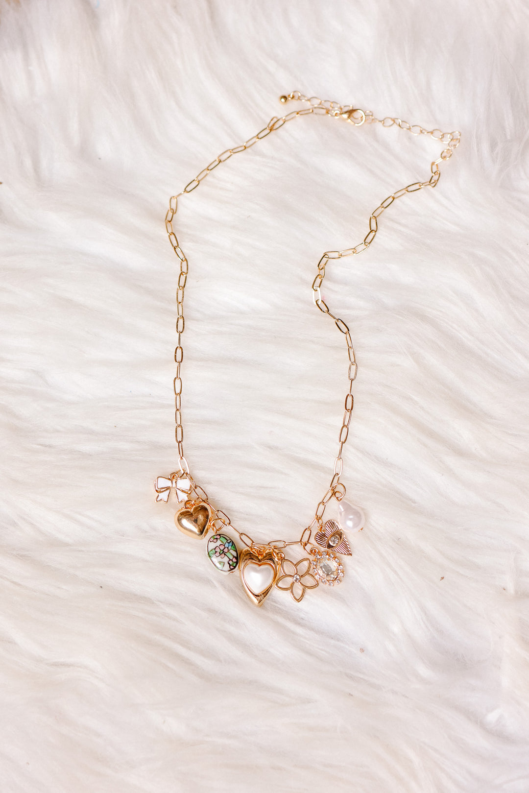 Charming Heart Bow & Pearl Dangle Necklace