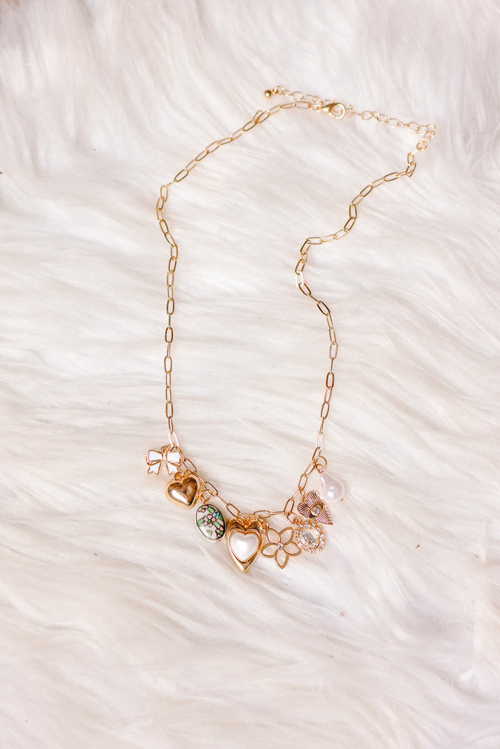 Charming Heart Bow & Pearl Dangle Necklace
