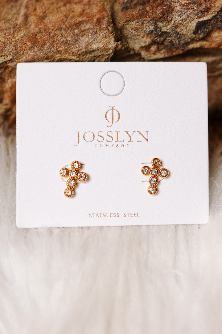 Dainty Cross Stud Earrings - Crystal