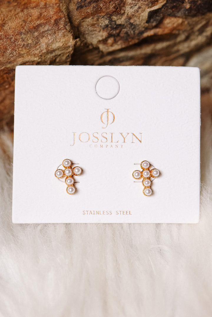 Dainty Cross Stud Earrings - Pearl