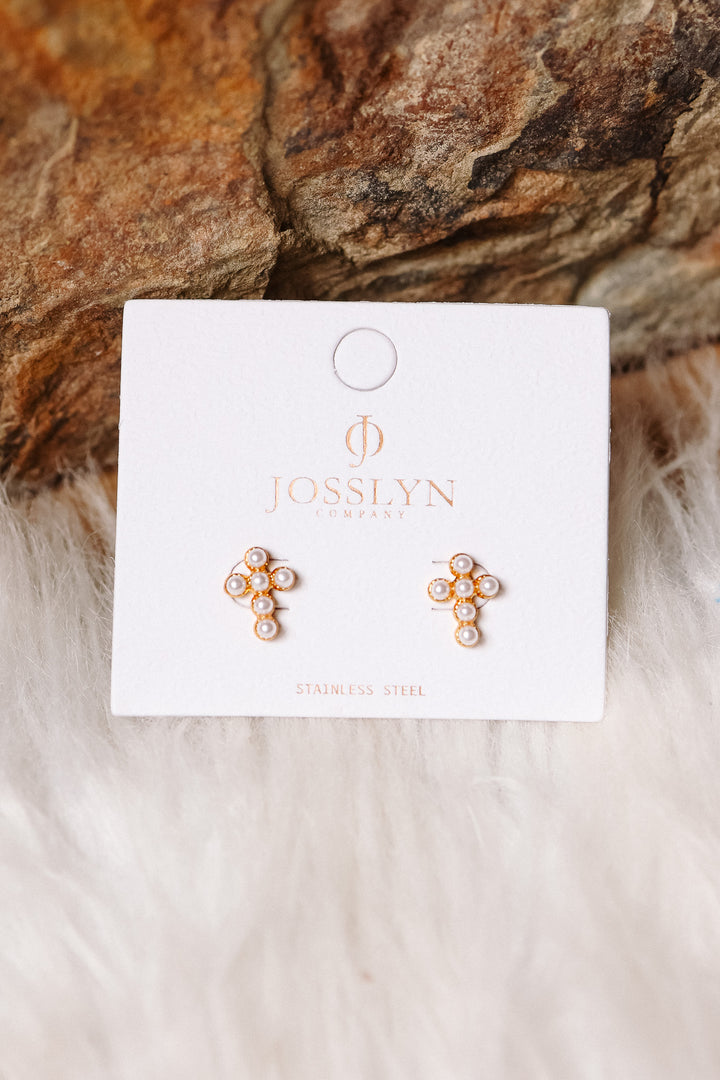Dainty Cross Stud Earrings - Pearl