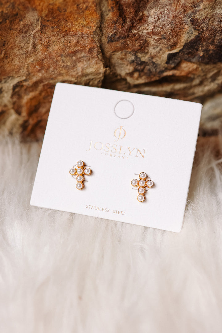 Dainty Cross Stud Earrings - Pearl