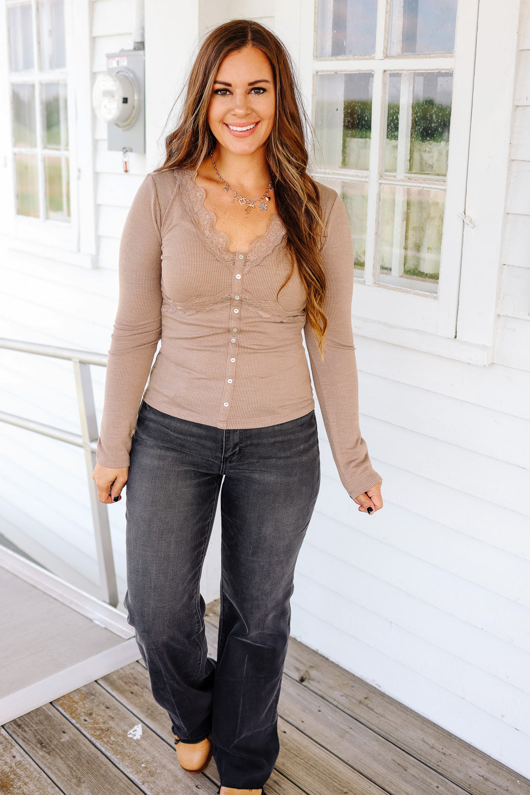 Bowie Lace Ribbed Top - Mocha