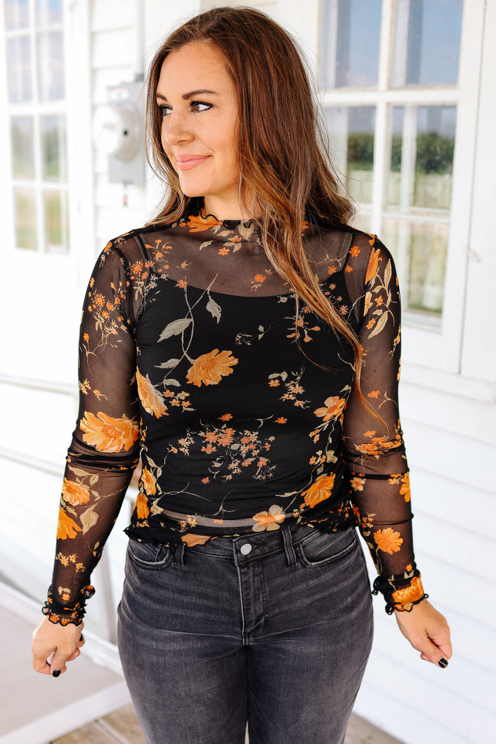 Hailey Floral Mesh Printed Top - Black