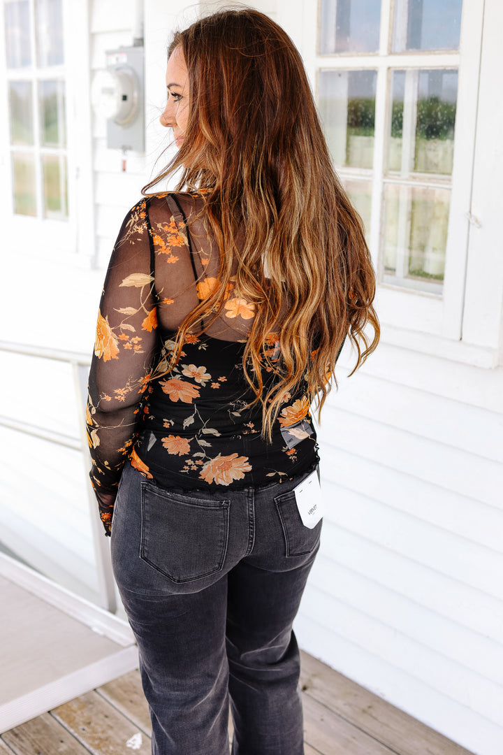 Hailey Floral Mesh Printed Top - Black