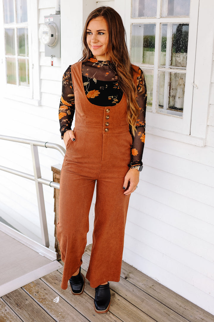 Lucia Scoop Neck Corduroy Jumpsuit - Carmel Mocha