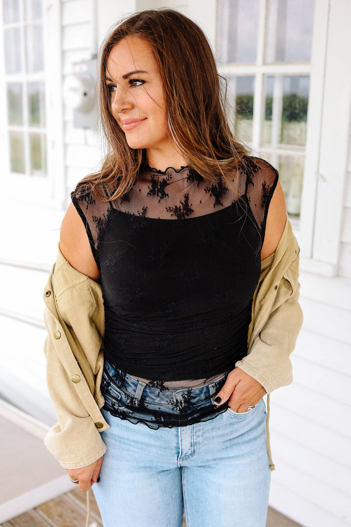 Vesper Lace Mock Neck Top - Black