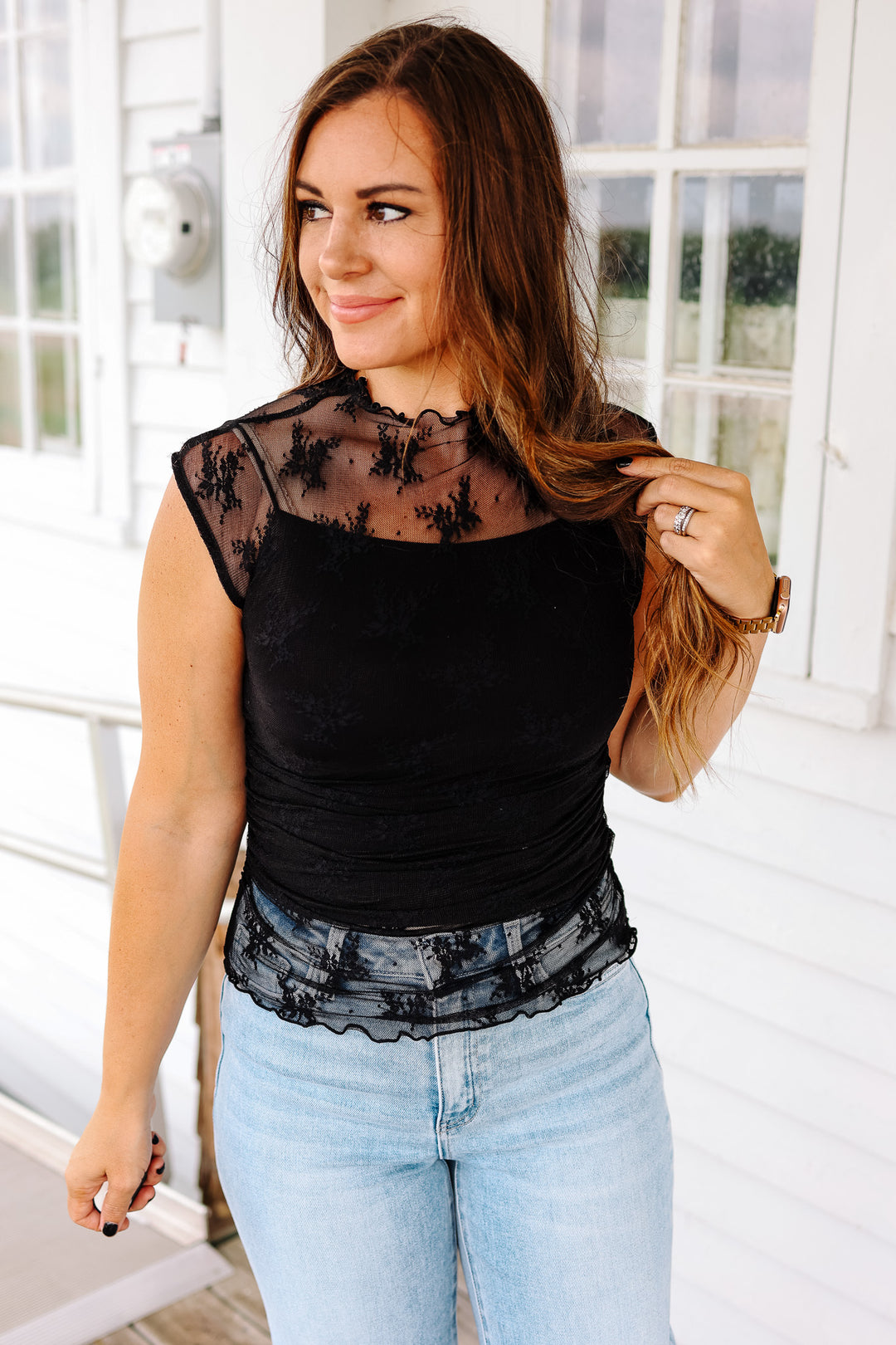 Vesper Lace Mock Neck Top - Black