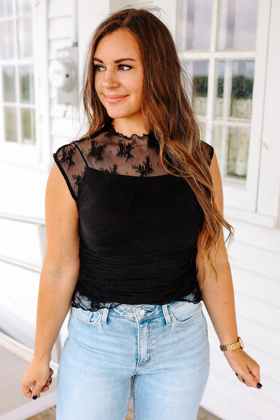 Vesper Lace Mock Neck Top - Black