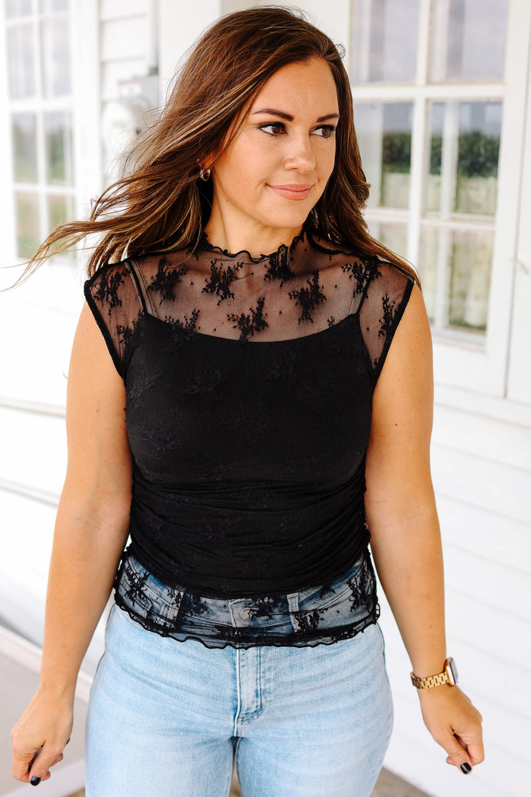 Vesper Lace Mock Neck Top - Black