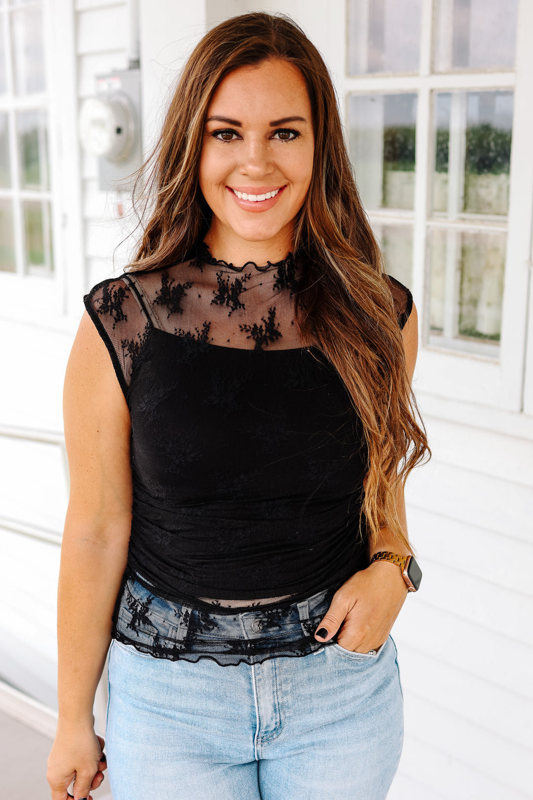 Vesper Lace Mock Neck Top - Black