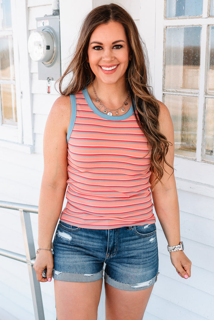 Alayna  Striped Knit Tank - Melon/Blue