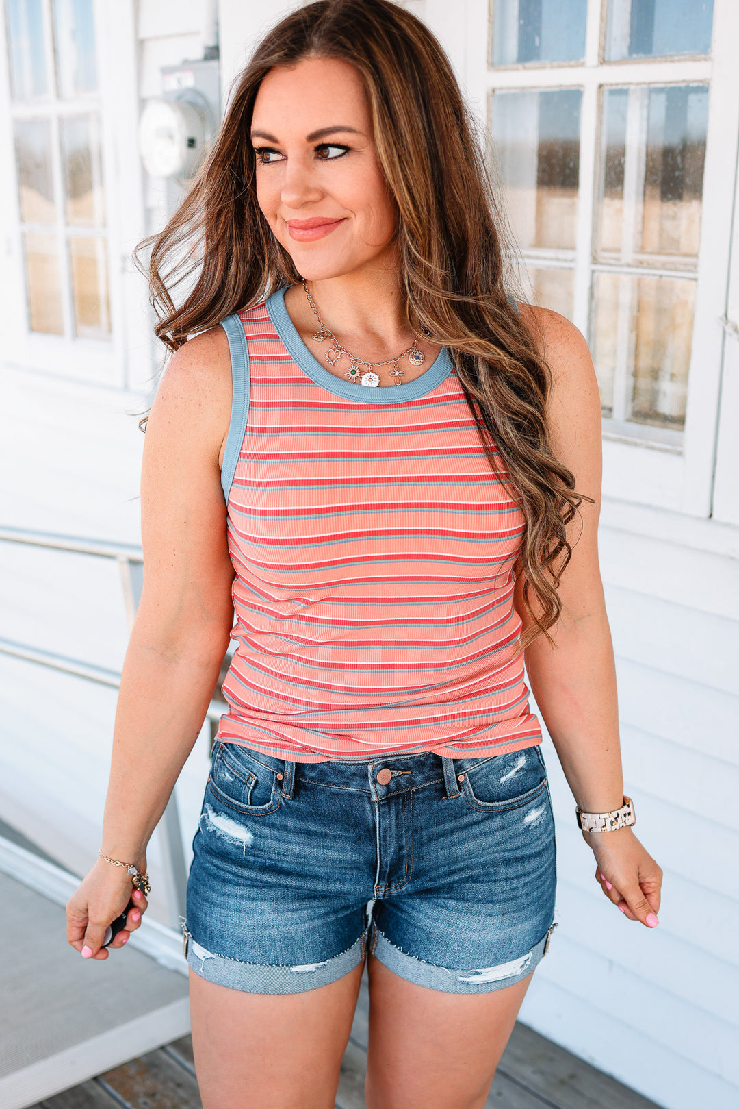 Alayna  Striped Knit Tank - Melon/Blue