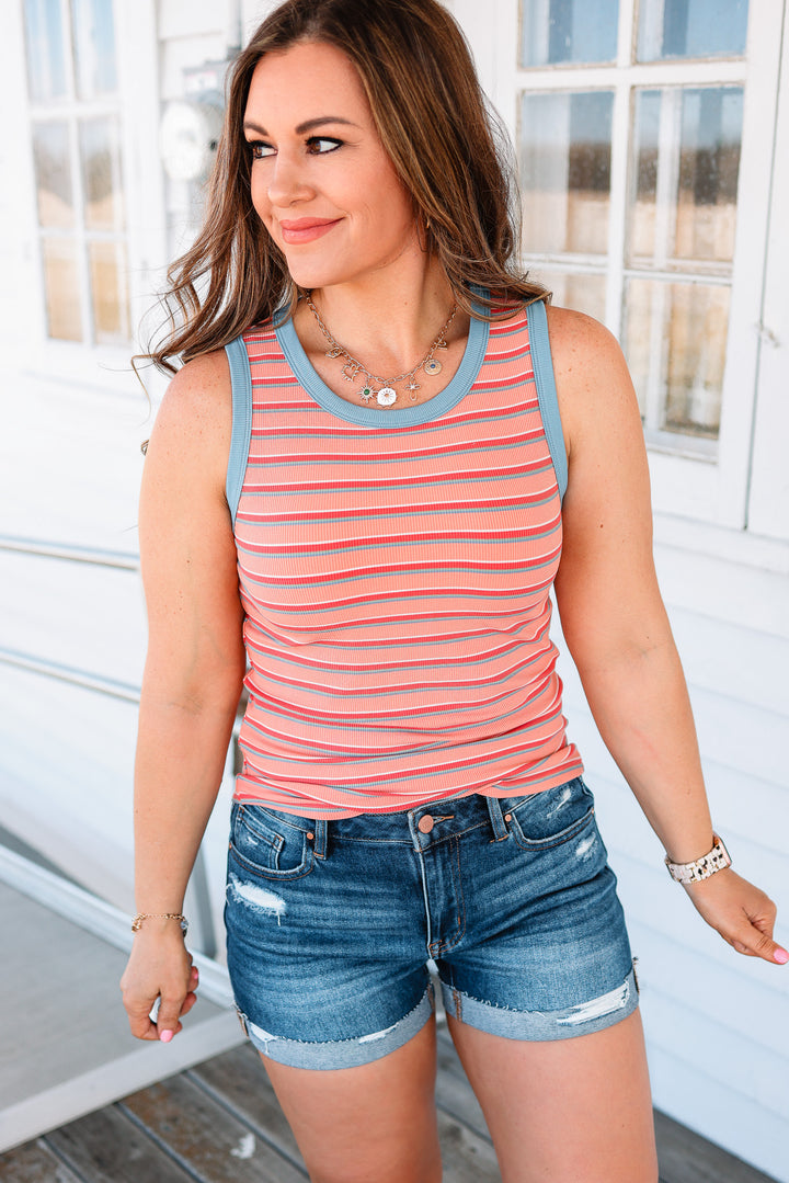 Alayna  Striped Knit Tank - Melon/Blue