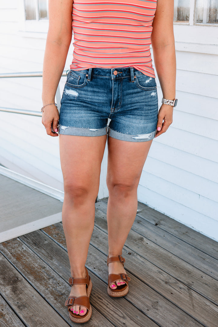 RISEN: Saylor Mid Rise Cuffed Shorts - Dark