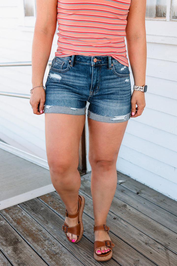 RISEN: Saylor Mid Rise Cuffed Shorts - Dark