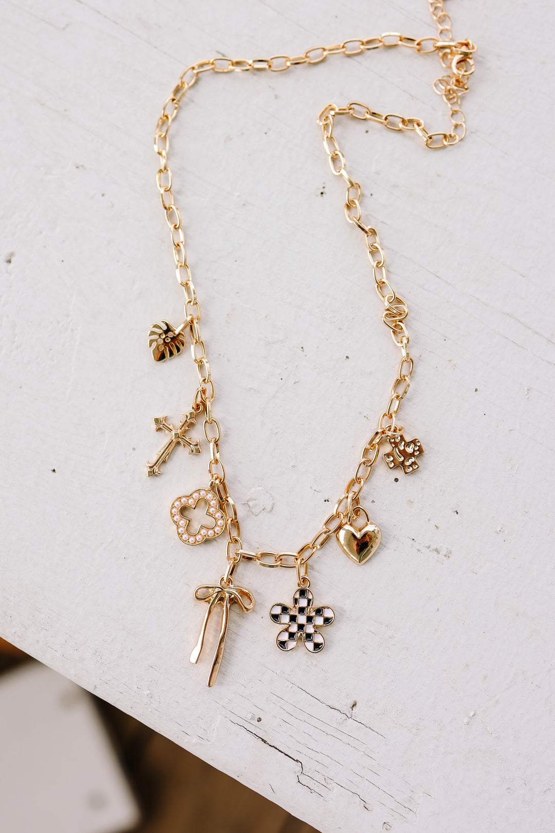 Clover Bow Checker Flower Heart Charm Necklace